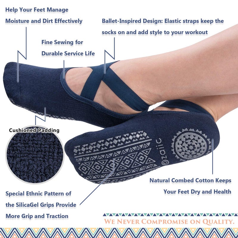 Ozaiic Pilates Socks for Women Non Slip Grip, Yoga Socks with Grippers for Barre, Hospital, Ballet, Dance, Barefoot Workout (4 Pairs - Black/Navy/D.gray/Burgundy) - Image 4